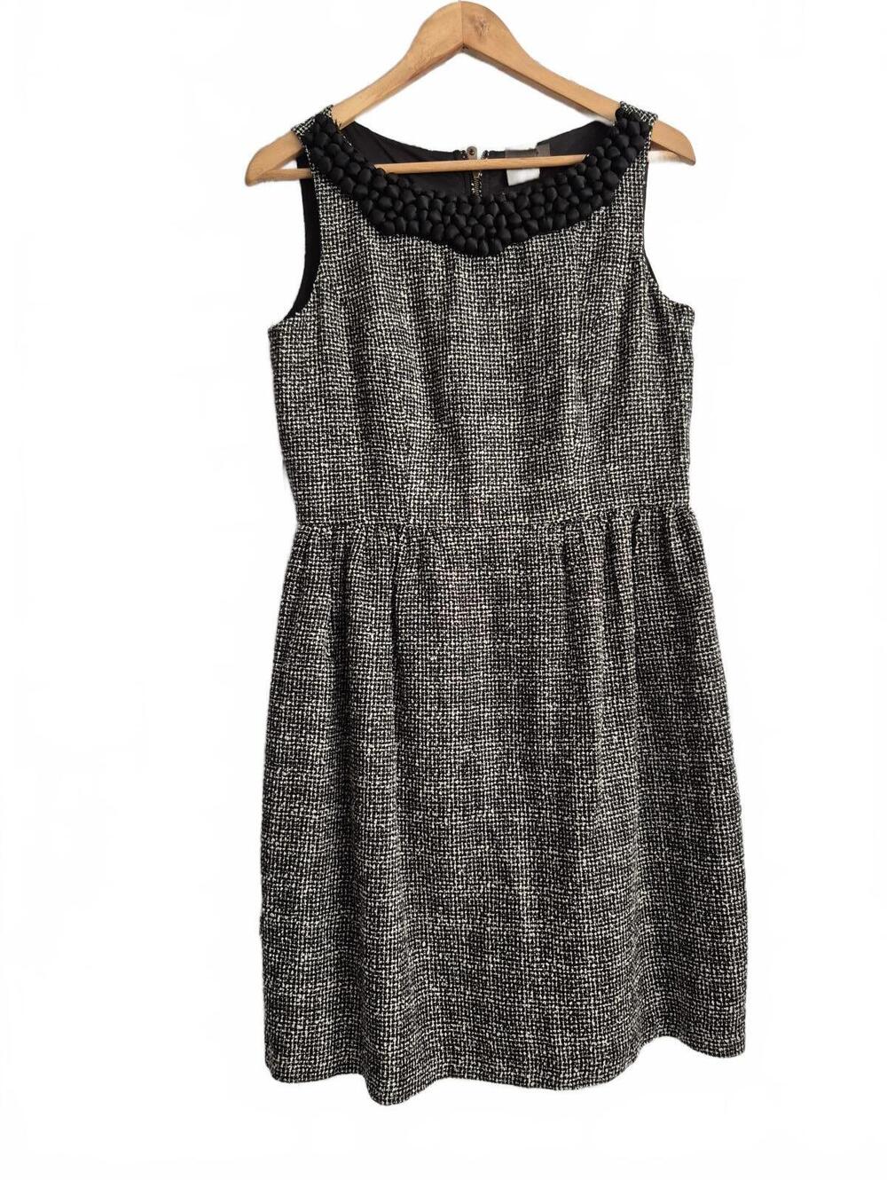 Taylor Ladies Black White Tweed  Sleeveless Dress Pom-Pom Embellished